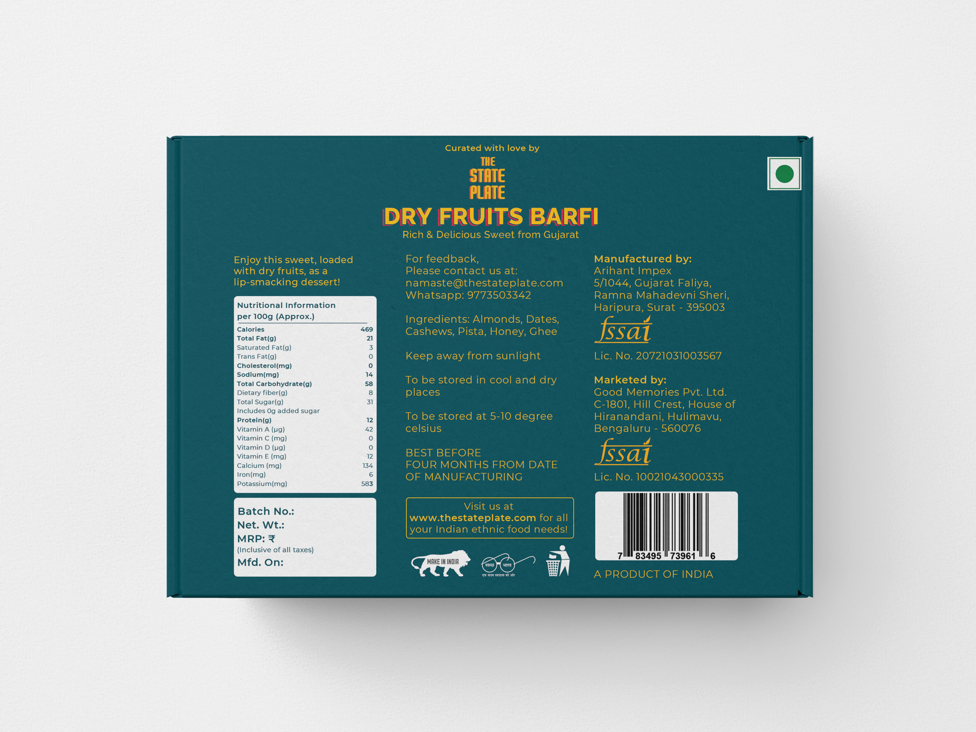 Shop Gujarat's Famous Dry Fruits Barfi 250 gms online at best prices on The State Plate